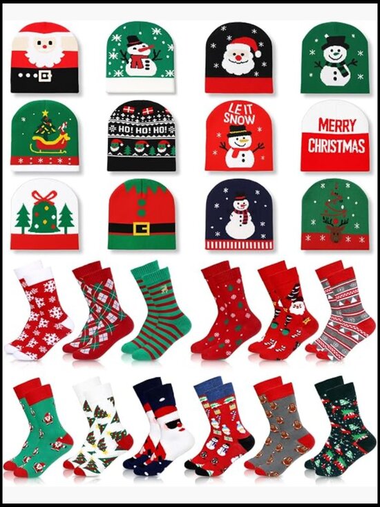 12/24/48 Pack Christmas Winter Knit Beanie Hats & Crew Socks Holiday Party Gift main image 7